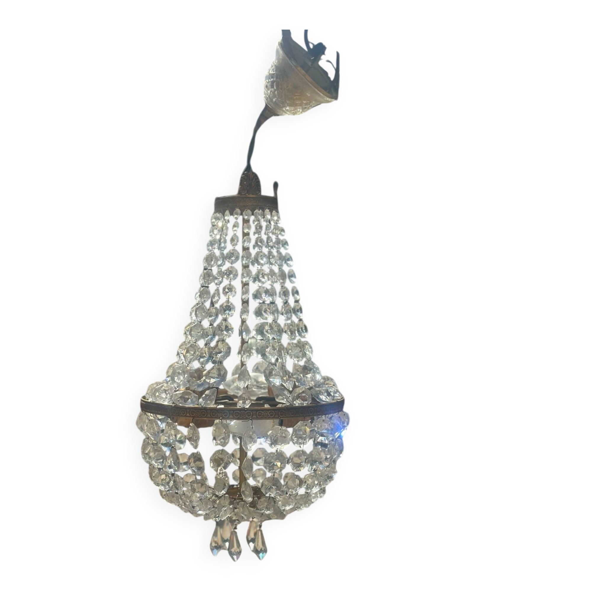 Basket chandelier with crystal and gilded brass pendants, circa 1930.