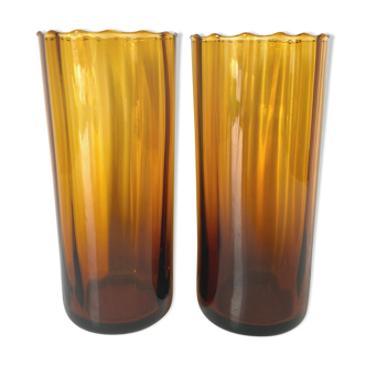 2 verres en verre ambré ondulé