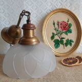 Pair of frosted glass flower pendant lights with vintage wood and brass