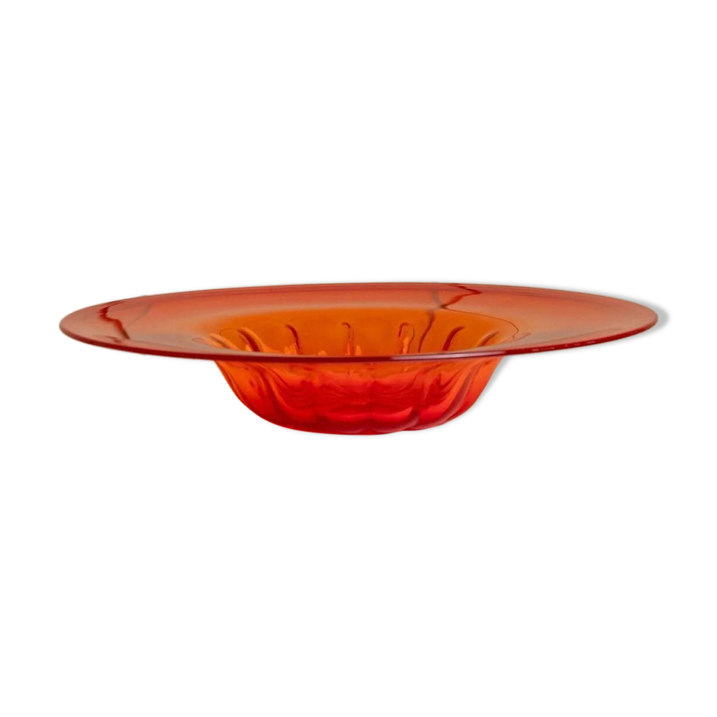 Bol en verre de Murano XL, années 1920, rouge vif avec médaillon central strié, verre décoratif.