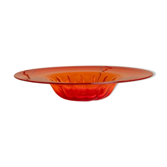 XL Murano Glass Bowl, 1920s, Bright Red with Ribbed Center Medallion, Decorative Art Glass