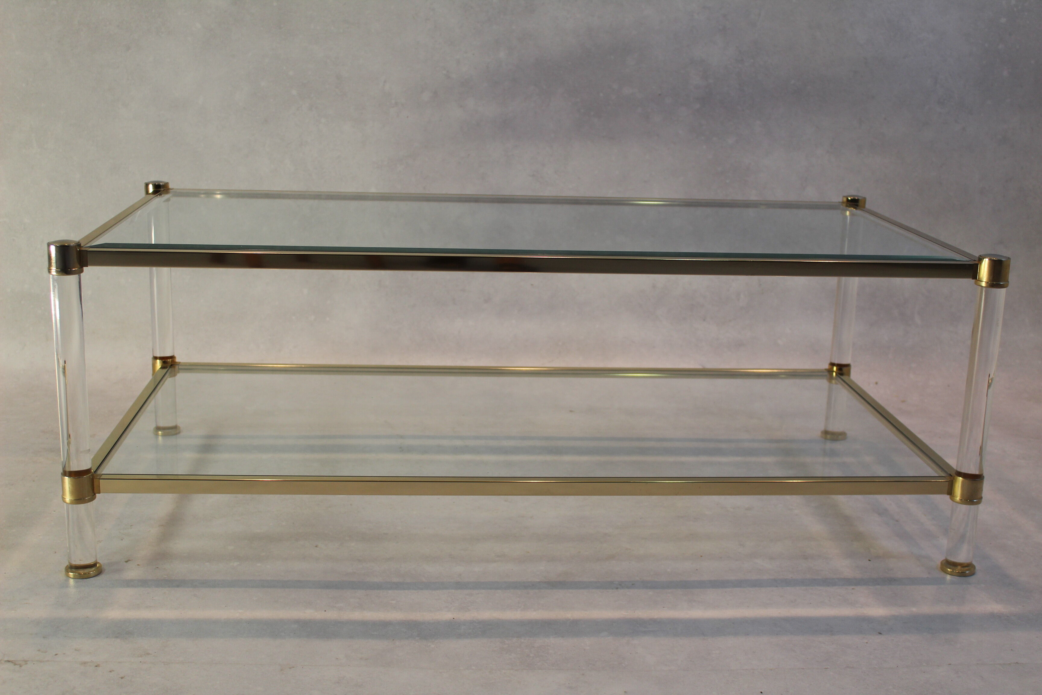 Plexiglass, glass and brass coffee table after Romeo Rega