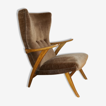Chair high Scandinavian wing flesh velvet Brown