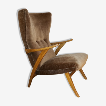 Fauteuil haut scandinave wing chair velour marron