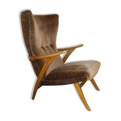 Fauteuil haut scandinave wing chair velour marron
