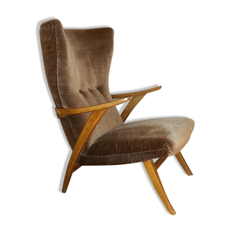 Fauteuil haut scandinave wing chair velour marron