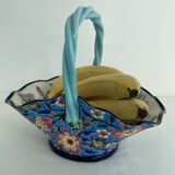 Large earthenware basket, Longwy enamels, turquoise blue cloisonné, twisted handle, stamp