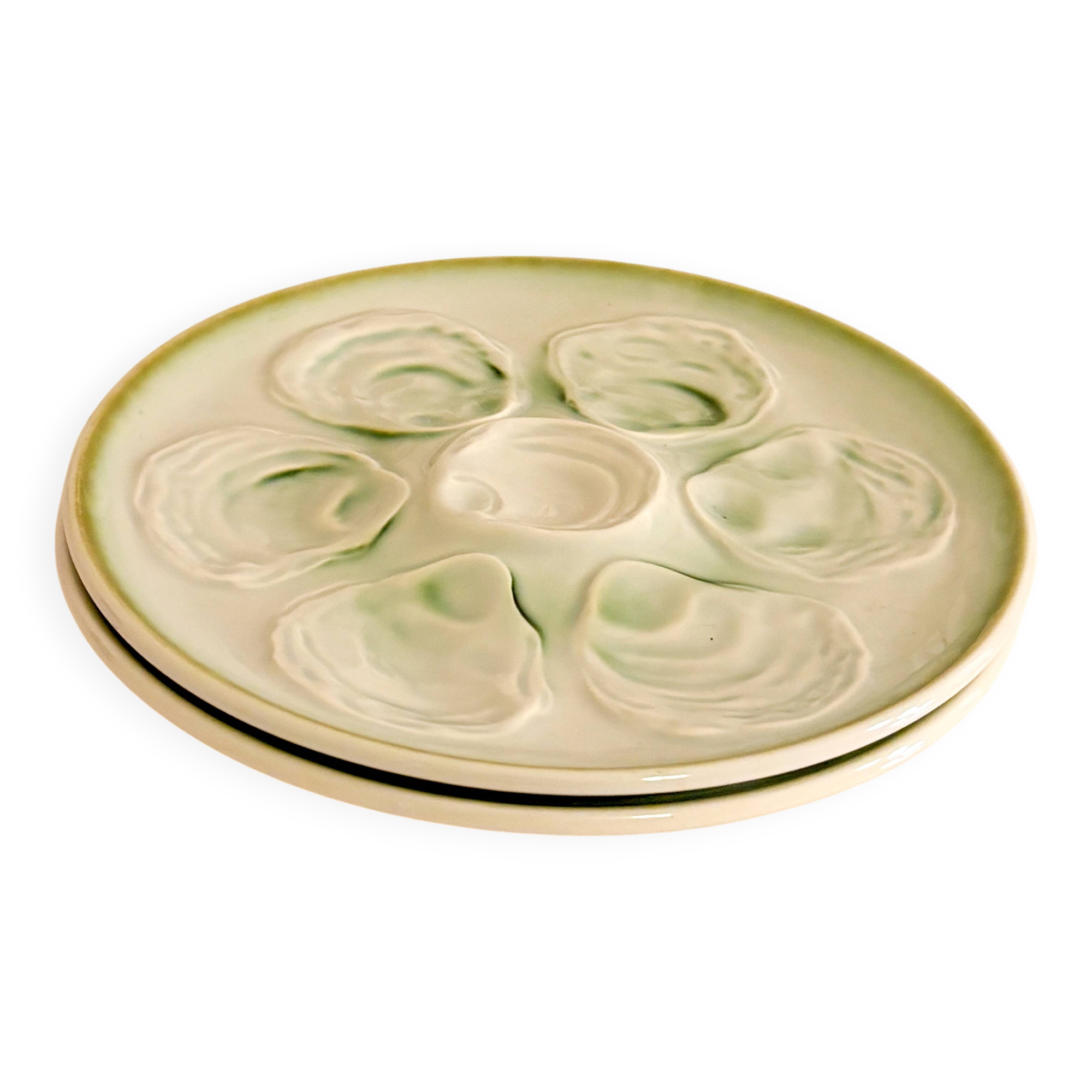 Pair of slip oyster plates, Blue & Green, 1960