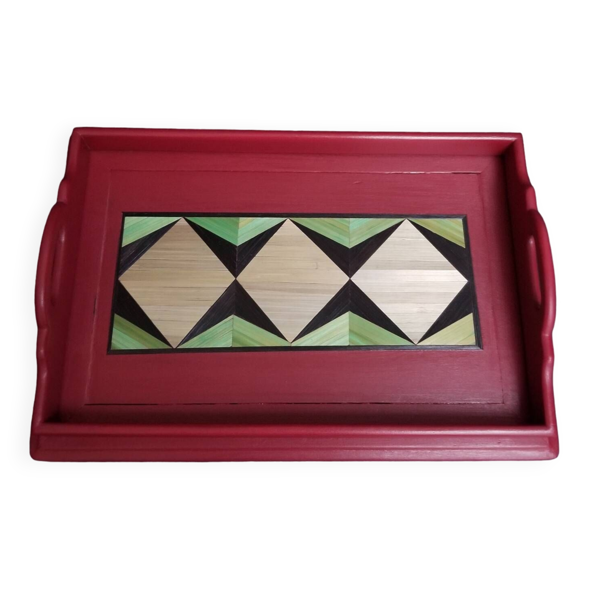 Wooden tray and straw marquetry. French designer