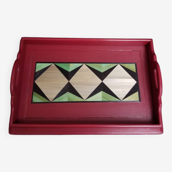 Wooden tray and straw marquetry. French designer