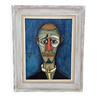 Vintage Painting - Melancholic Clown, B. Buffet style - signed J. Ménette