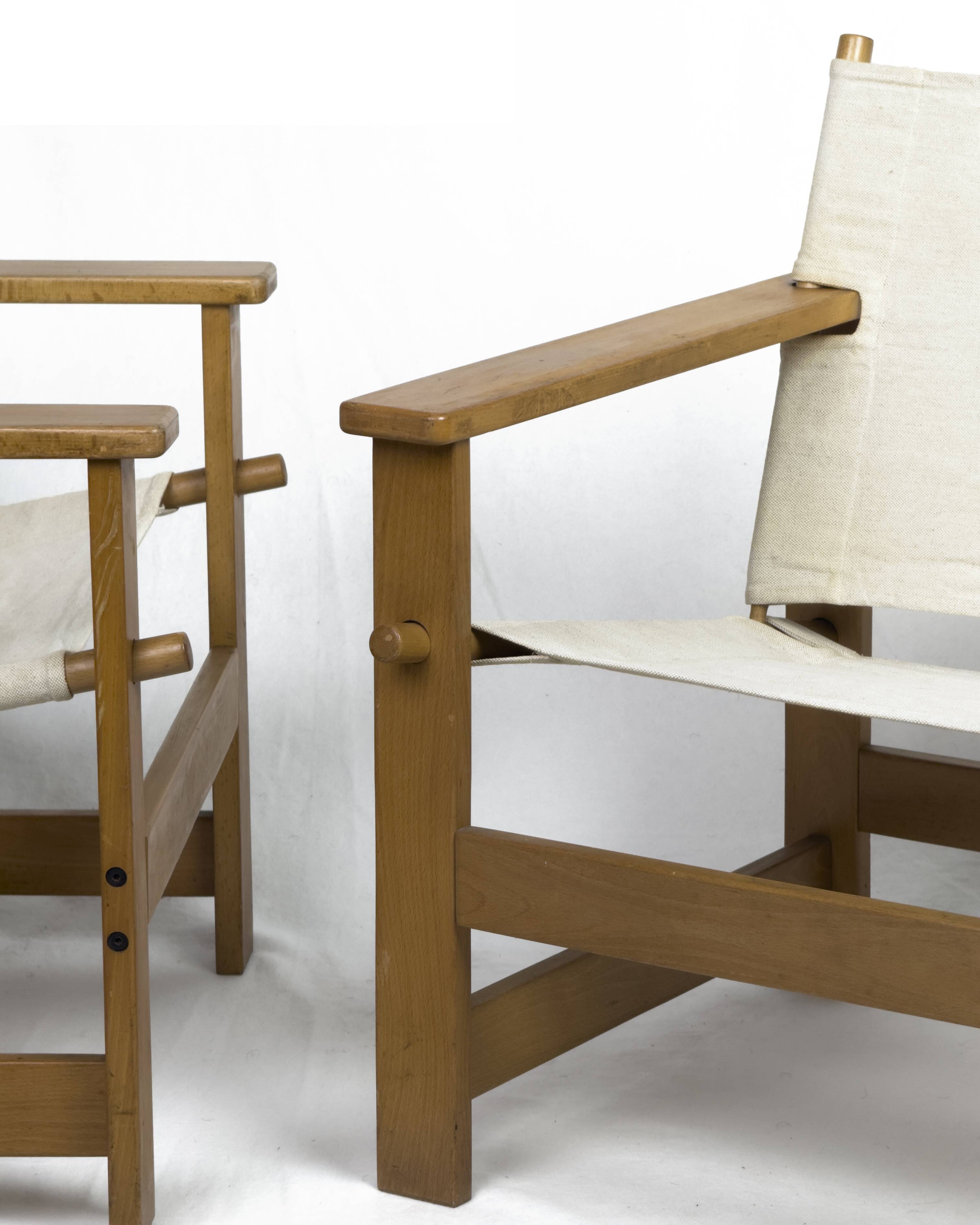 Pair of Vintage Safari Lounge Chairs in Canvas & Wood, 1970s