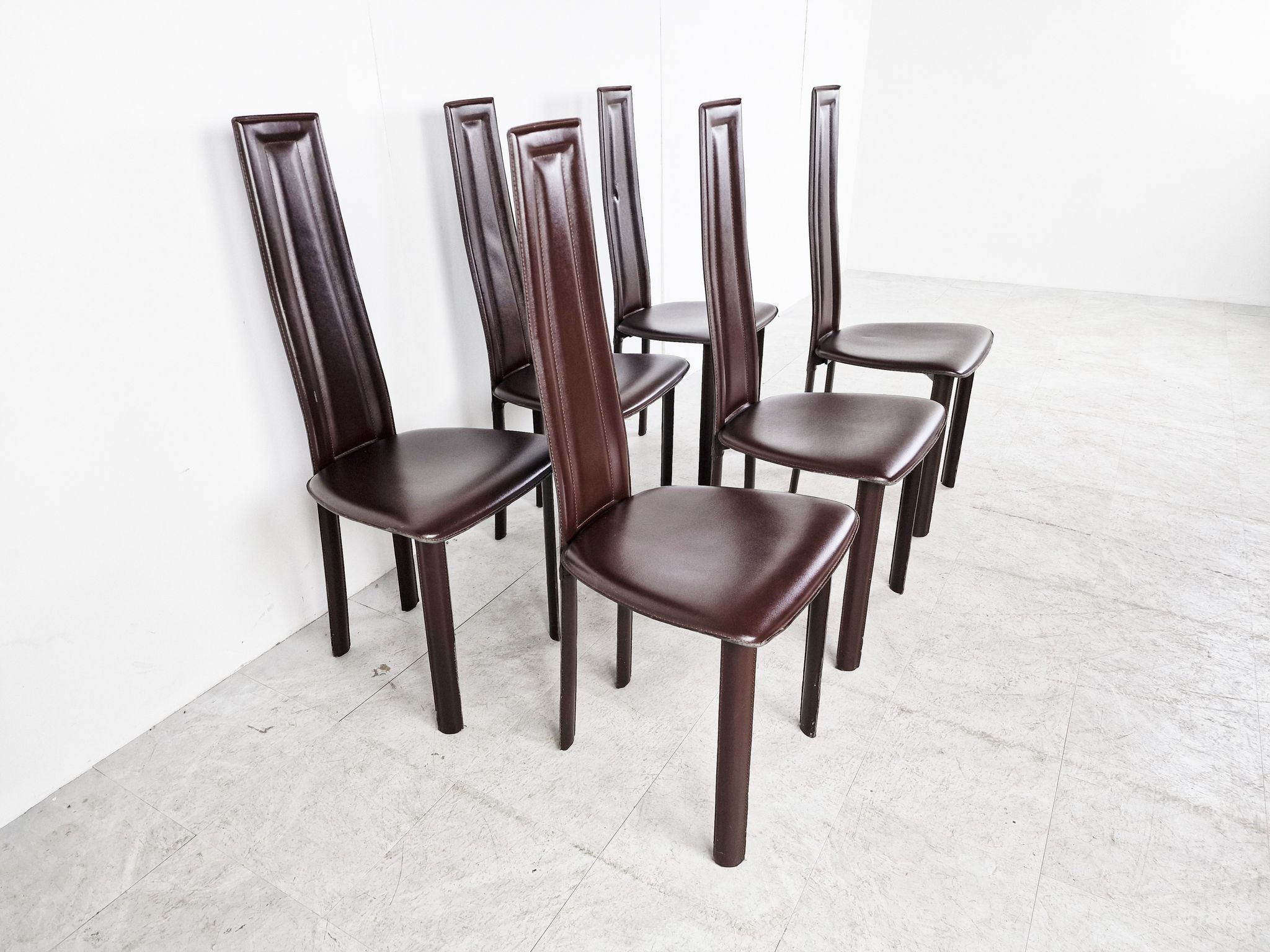 Vintage brown leather dining chairs, set of 6, 1980s