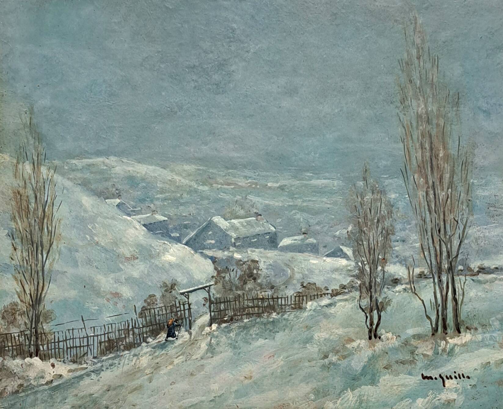 Impressionist painting - oil on panel signed - winter landscape - 20th century