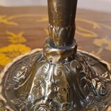 Bronze lamp signed SR 1900, yellow opaline tulip shade edged in black, Loetz, 38x14