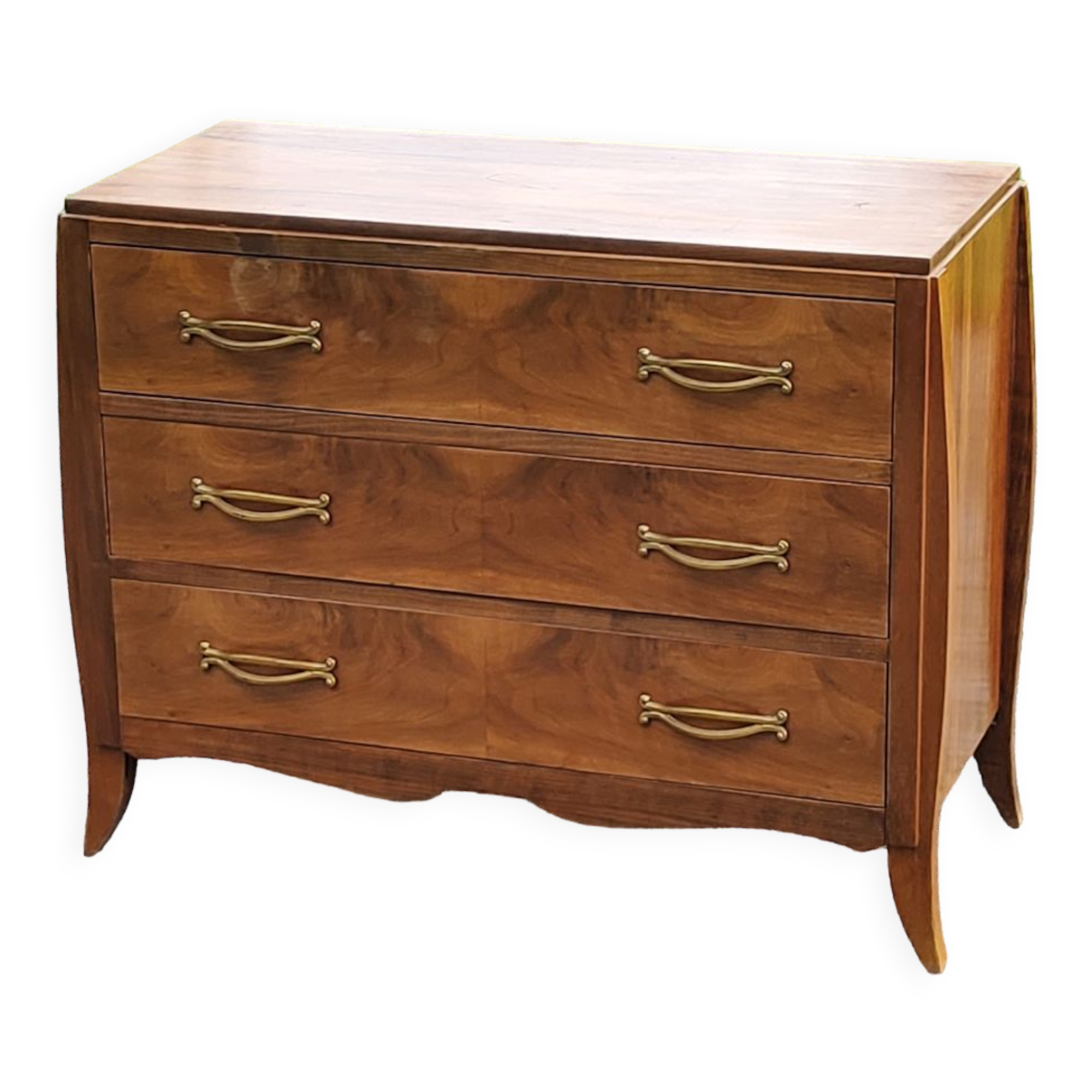 Chest of drawers from the 40s/50s in golden blond walnut 3 drawers feet compass