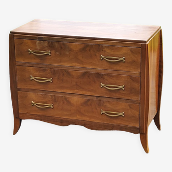 Chest of drawers from the 40s/50s in golden blond walnut 3 drawers feet compass