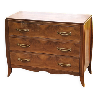 Chest of drawers from the 40s/50s in golden blond walnut 3 drawers feet compass