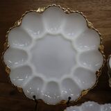 3 vintage plates for deviled eggs / oysters in white glass and gold