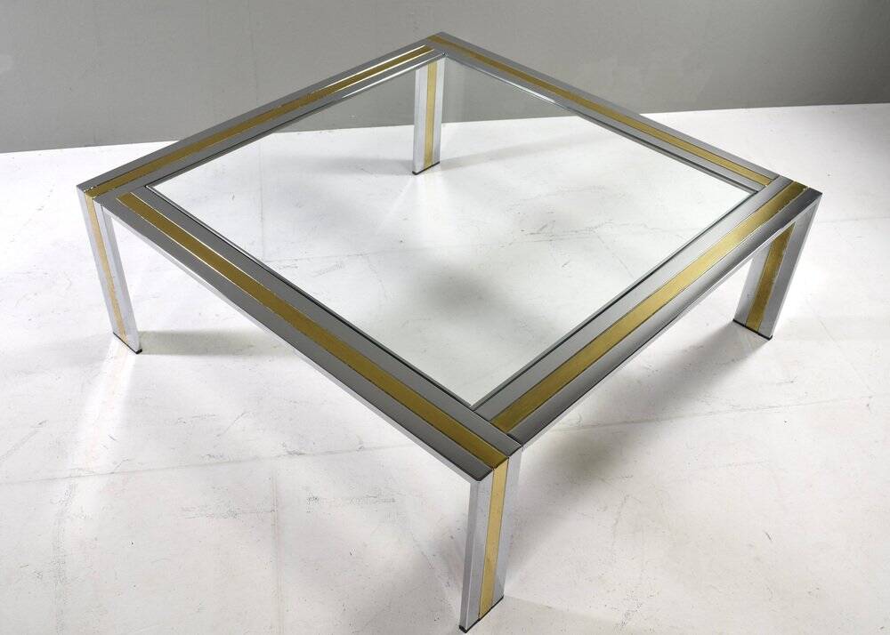 Square coffee table in brass, chrome and glass by Renato Zevi, Italy, 1970s