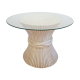 Table low round and white vintage rattan bamboo