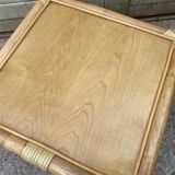 Rattan end table with 1 shelf in vintage oak veneer from the 80s Maugrion