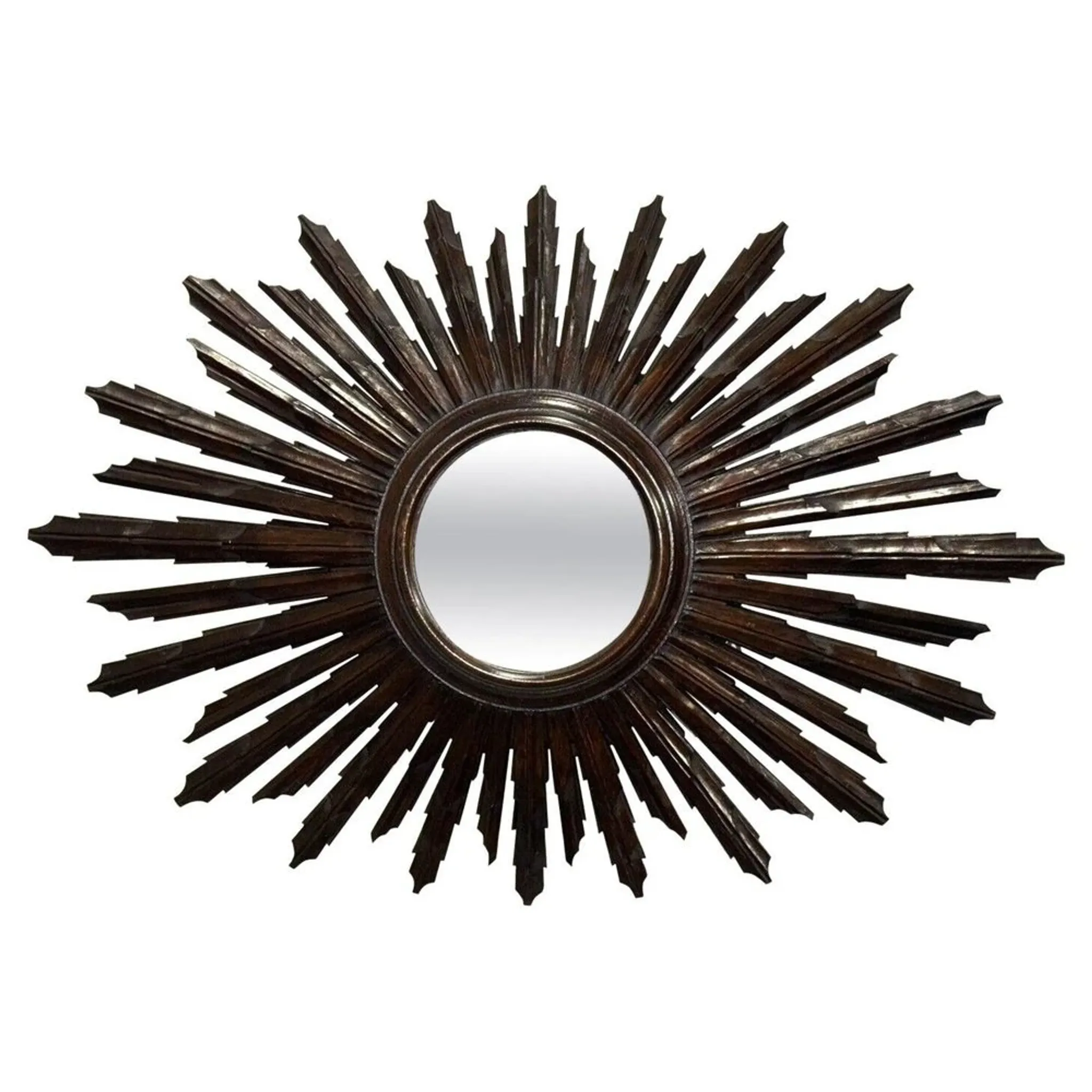 Vintage Brown Wood Convex Wall Mirror Sunburst, Spain, 1940