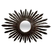 Vintage Brown Wood Convex Wall Mirror Sunburst, Spain, 1940