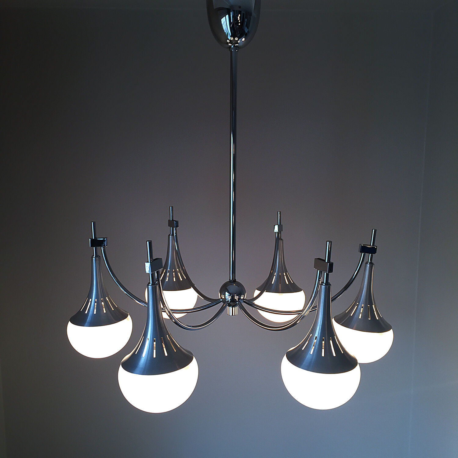 Chandelier 6 lights chrome aluminum and opaline satin Maison Sciolari 1960