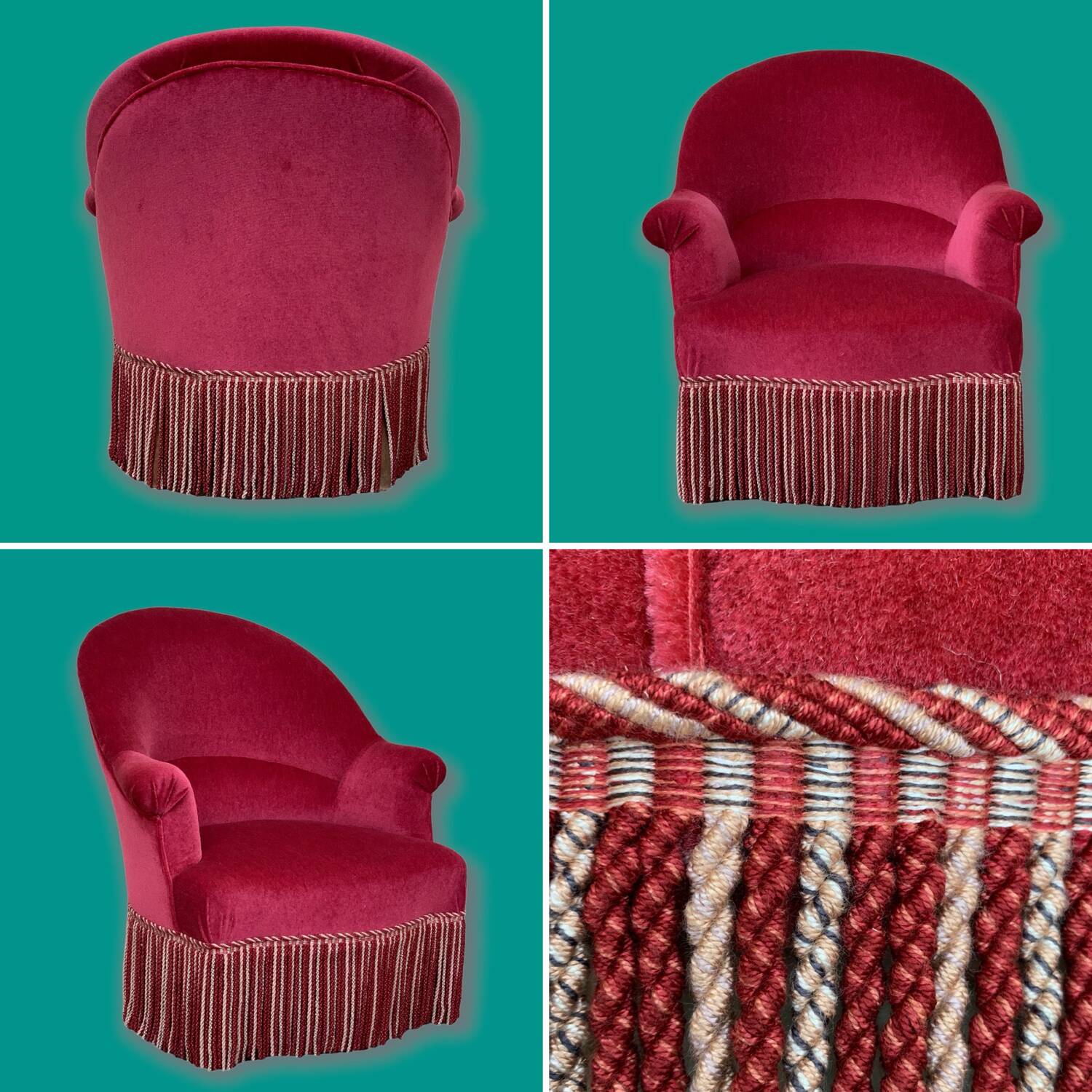 Old raspberry velvet toad armchair