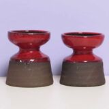 set x2 brown & red stoneware candlestick