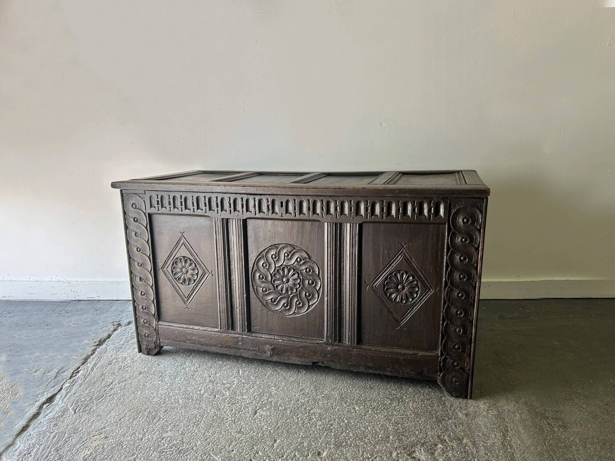 Rare 17th Century Carved Oak Coffer Charles II Period Circa 1660-1680c