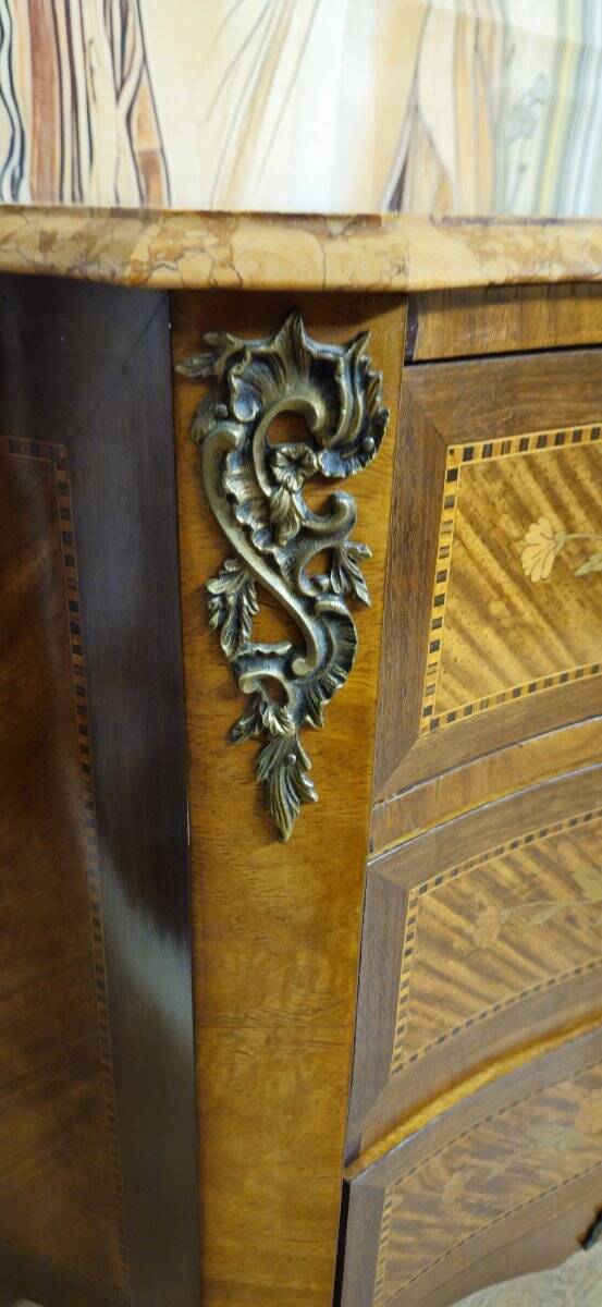 Lady's curved commode in Louis XV style, inlaid with marble – 19th century
