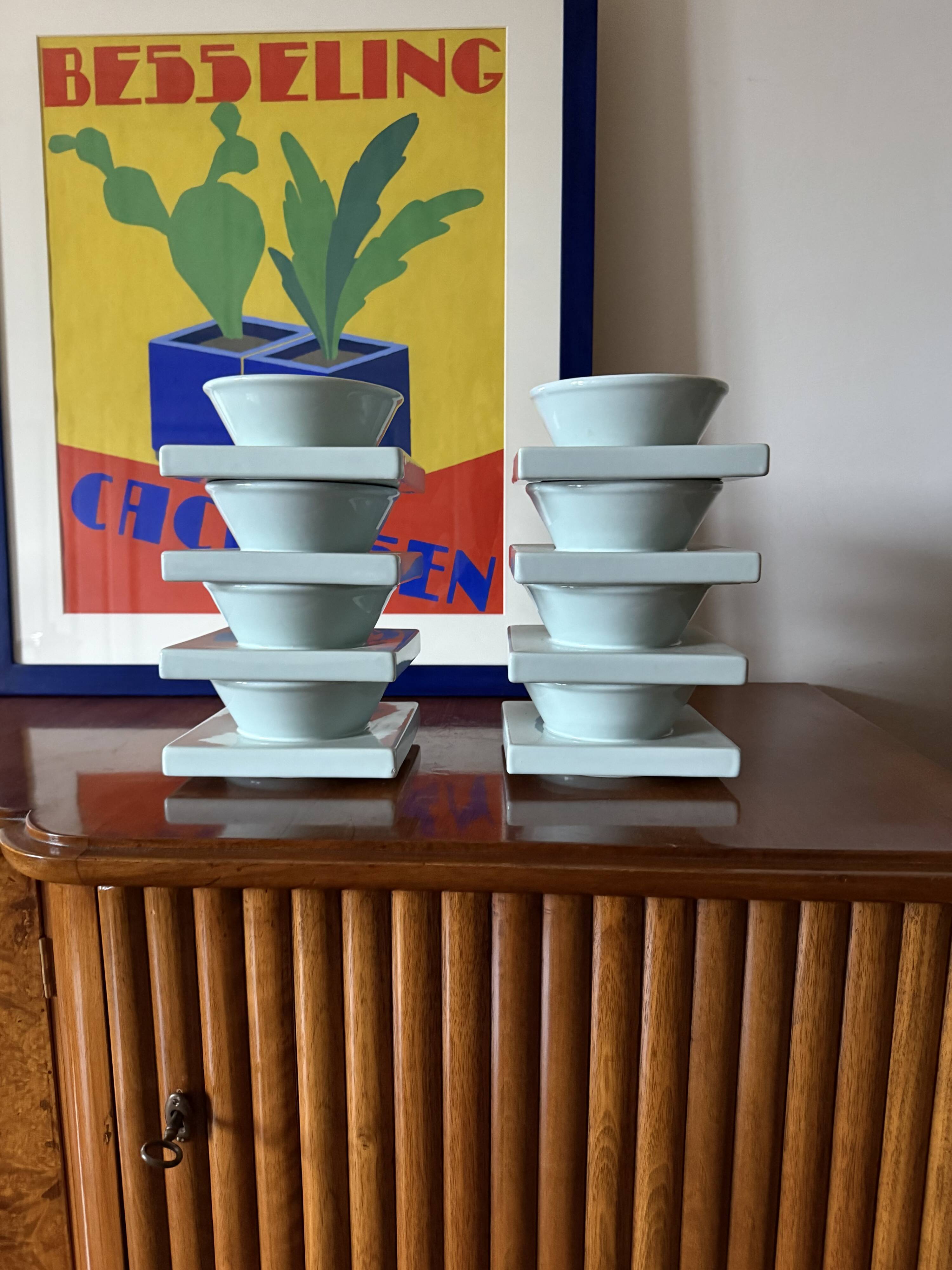 Set of 9 ceramic light blue ceramic bowls, I + I Italy, 1970s