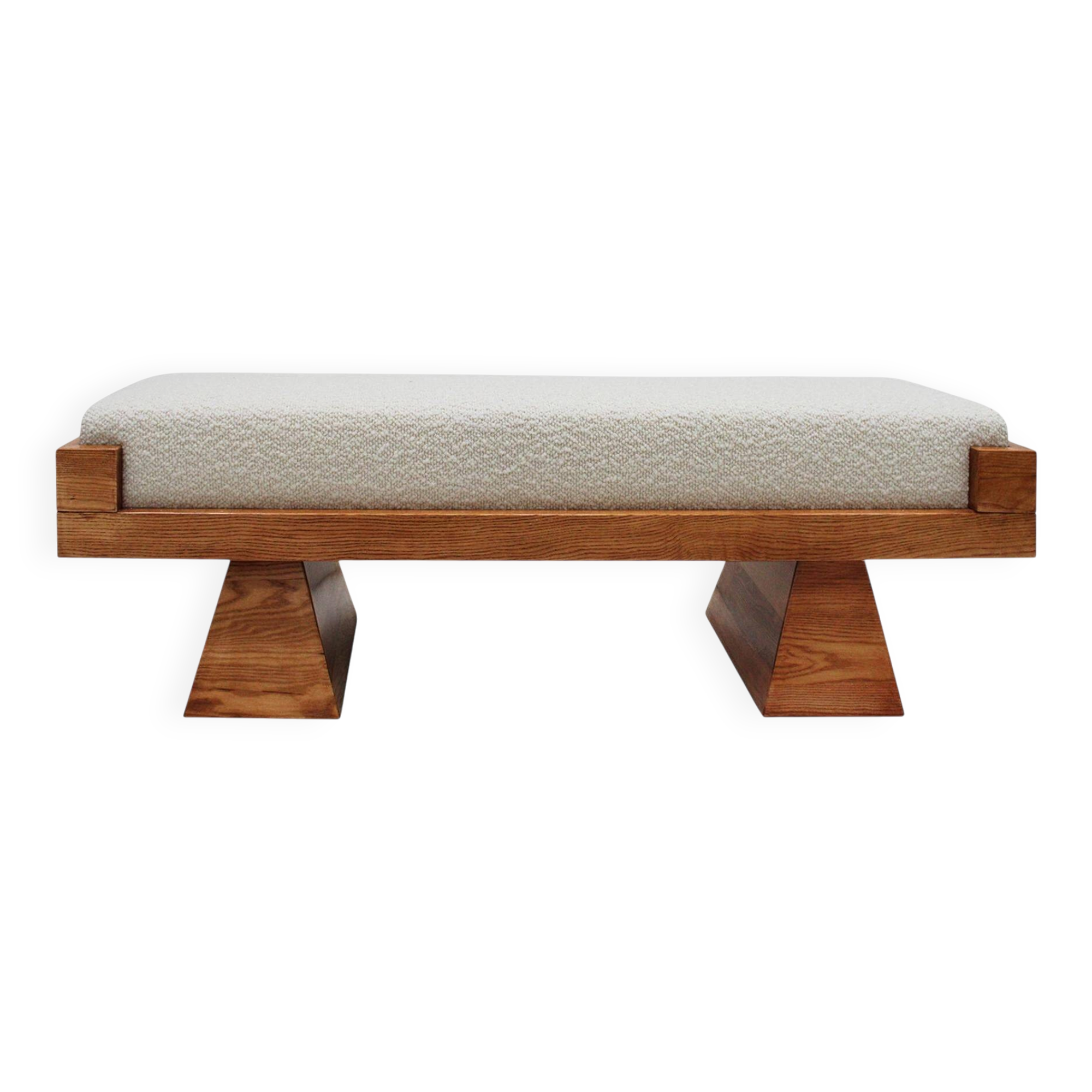 Brutalist Style Bench with Solid Oak Pyramid Bases and Ivory Bouclé Upholstery