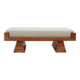 Brutalist Style Bench with Solid Oak Pyramid Bases and Ivory Bouclé Upholstery