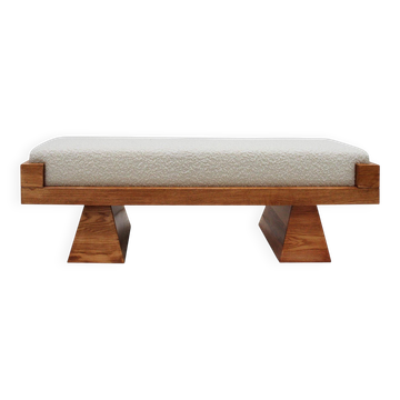 Brutalist Style Bench with Solid Oak Pyramid Bases and Ivory Bouclé Upholstery