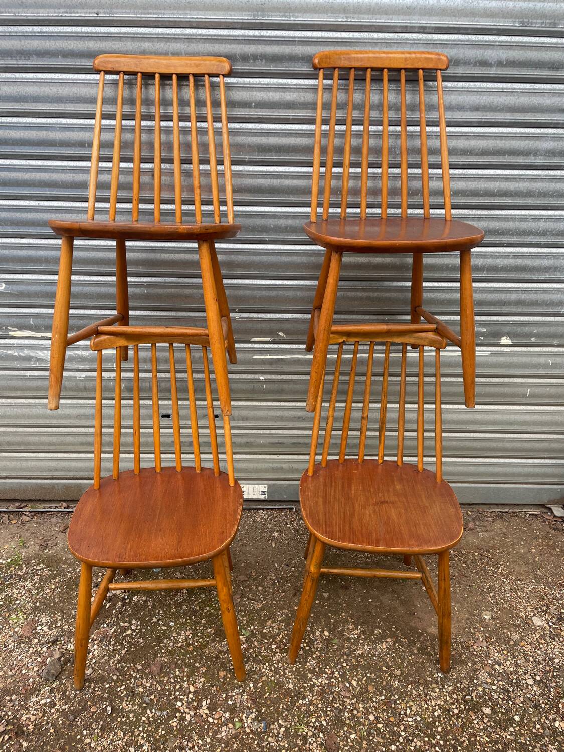 Set of 4 vintage beech chairs with teak seat