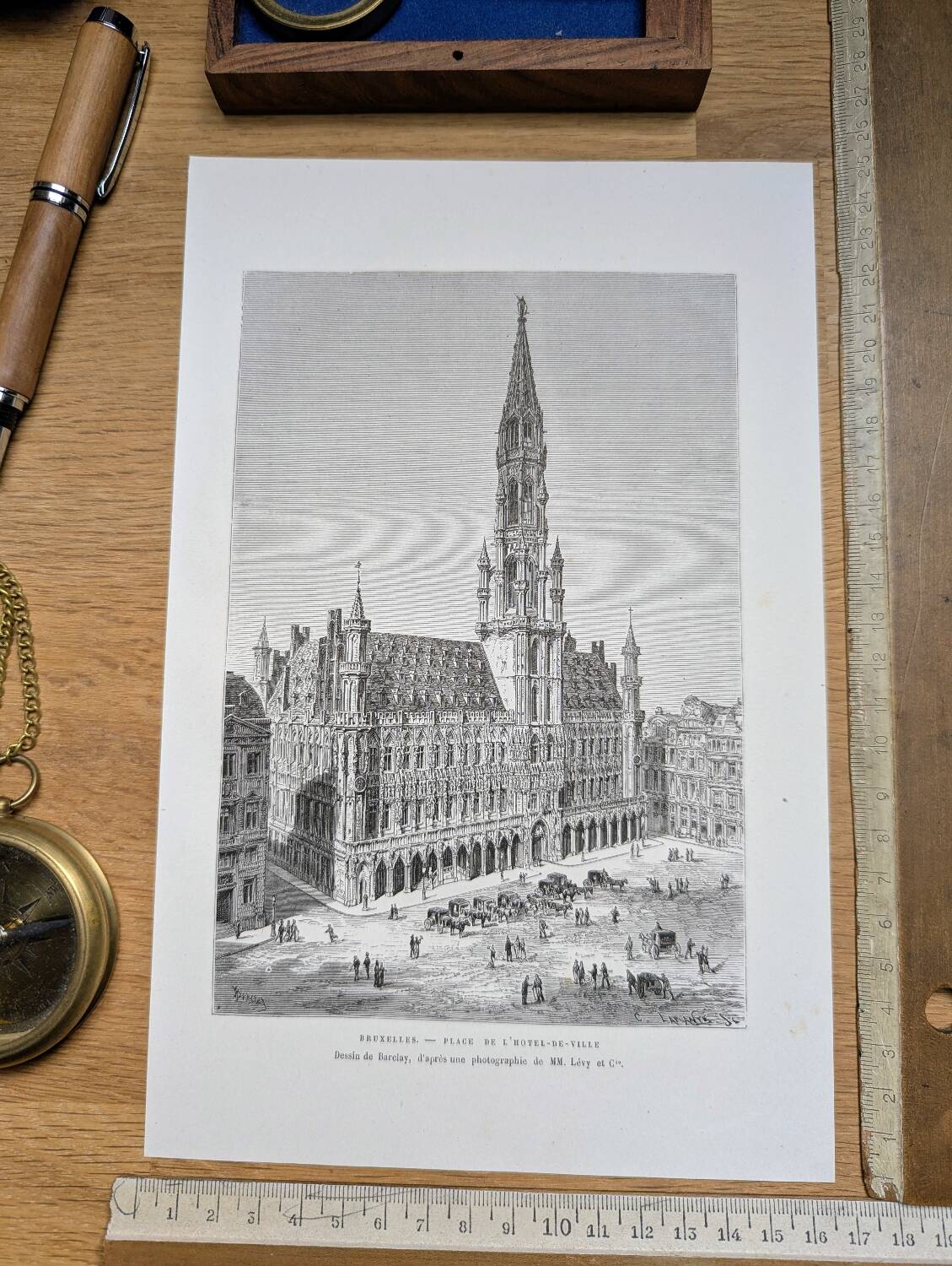 Brussels City Hall, Belgium, printed illustration from 1878.