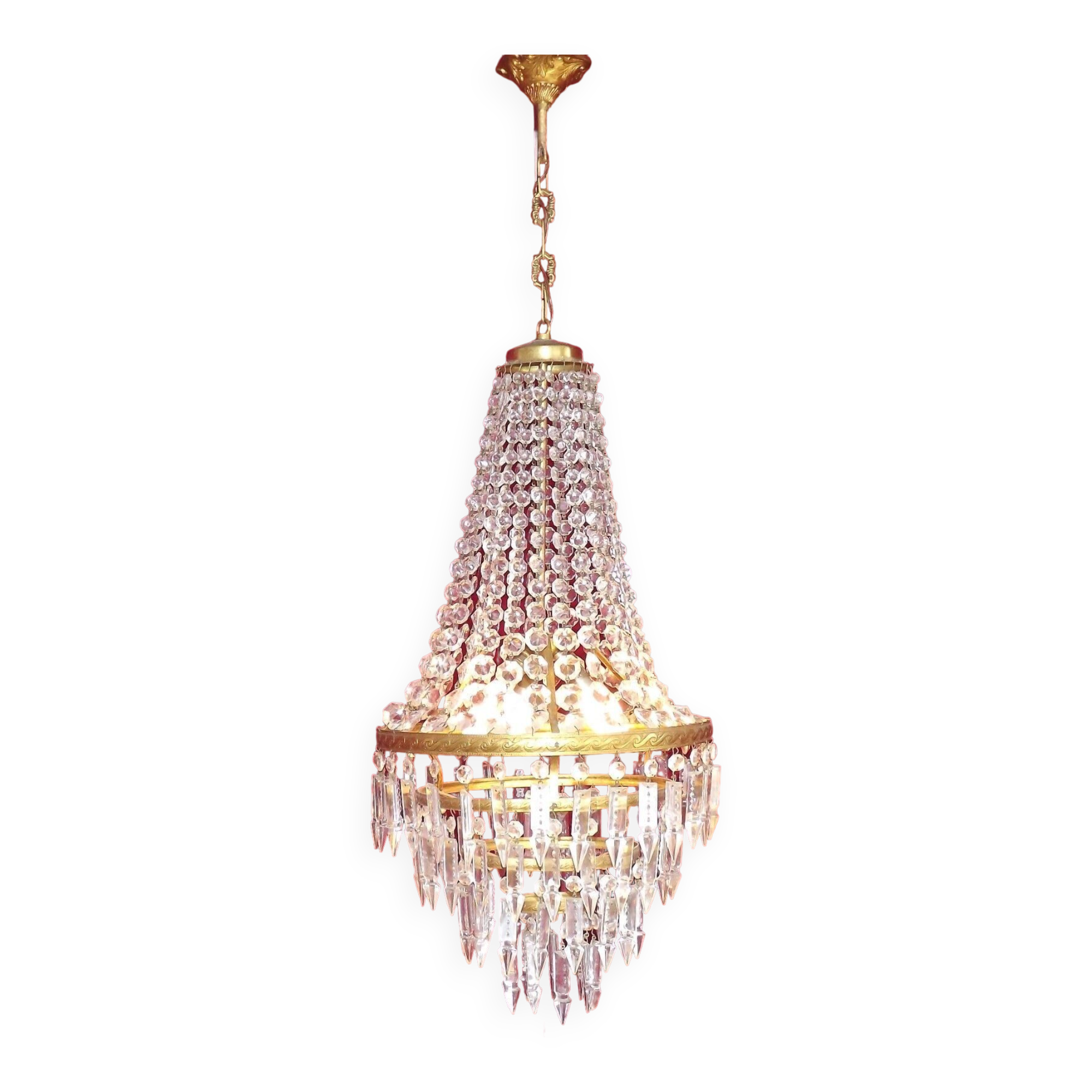 1900s Brass and Crystal Cascade Chandelier