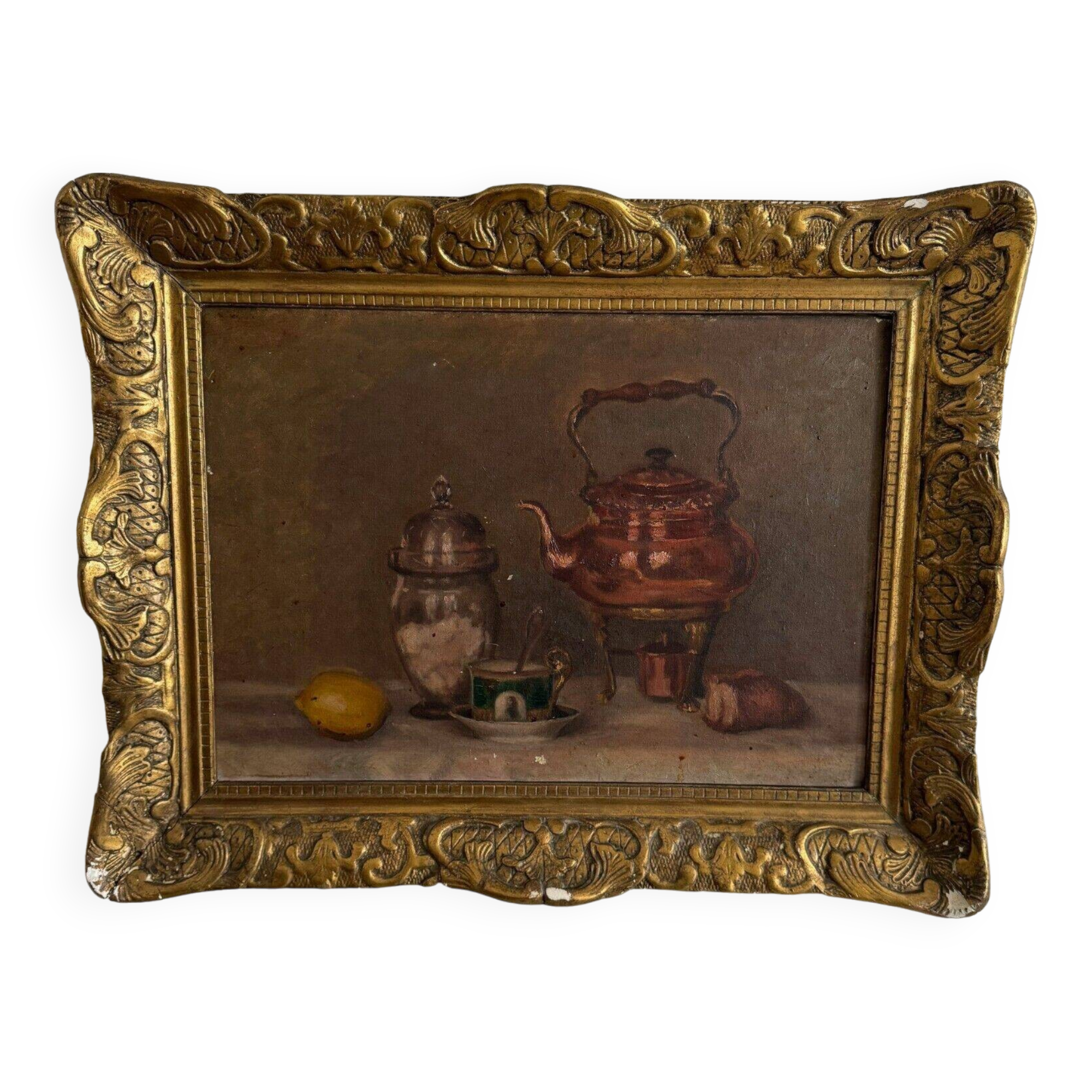 Oil on canvas still life with samovar 20th century gilded stucco frame