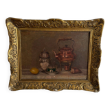 Oil on canvas still life with samovar 20th century gilded stucco frame