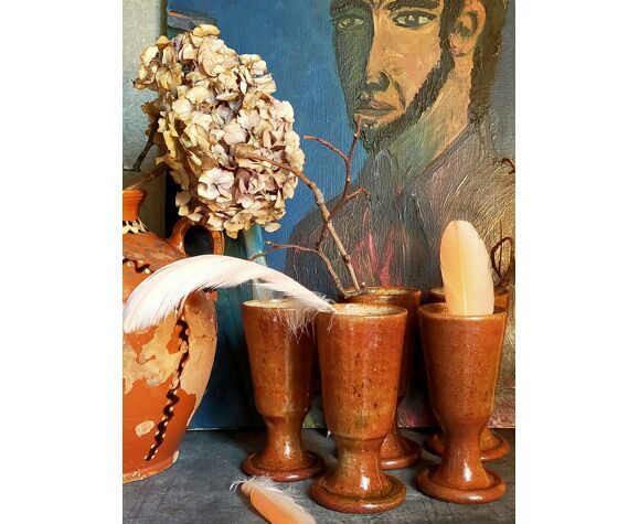 Five ancient potter's mazagrans in enamelled sandstone