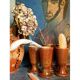 Five ancient potter's mazagrans in enamelled sandstone