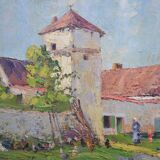Hugues Fernand ROPION (1863-1938) "Les poules devant la ferme‘ Huile sur toile signée