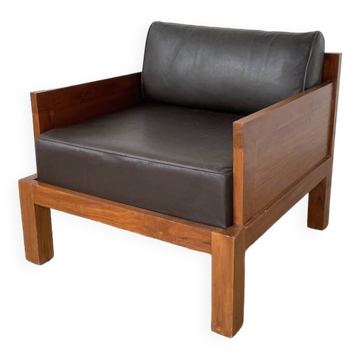 Fauteuil moderniste bois exotique et cuir