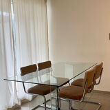 Design glass dining table & 4 vintage 70s/80s style chairs