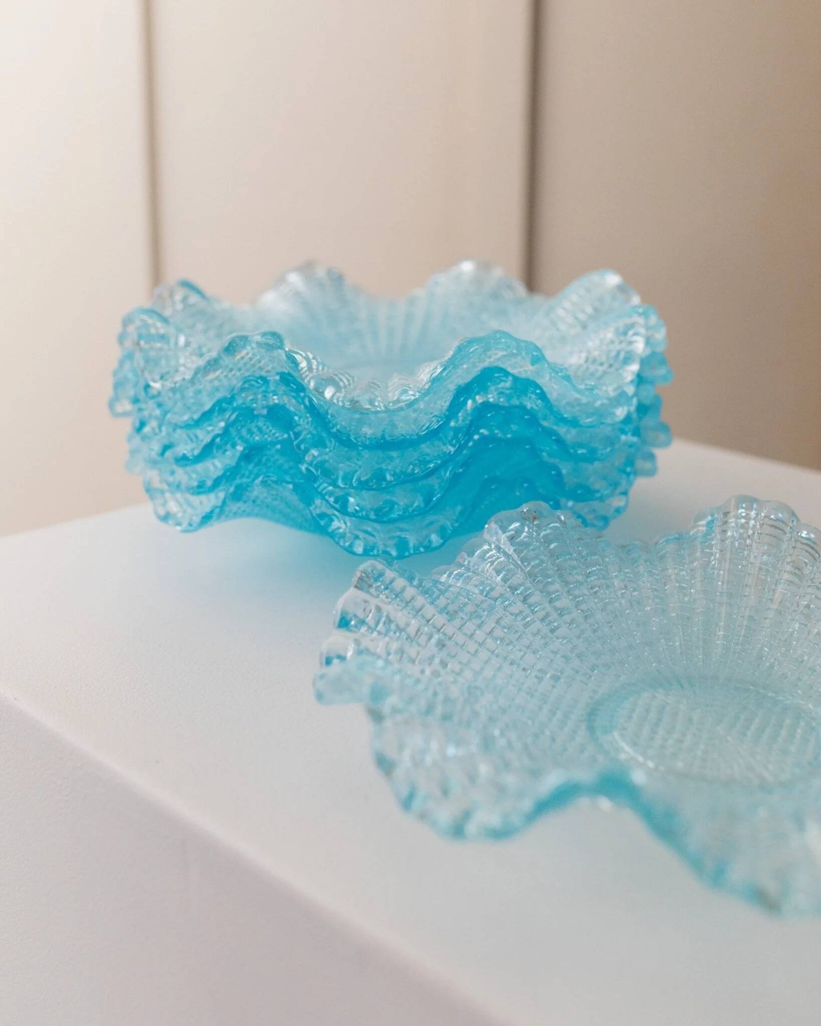 Six-piece turquoise crystal glass bowls, vintage 1980s, ruffled scalloped rims, pressed texture