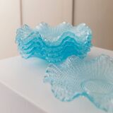 Six-piece turquoise crystal glass bowls, vintage 1980s, ruffled scalloped rims, pressed texture