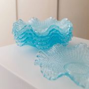 Six-piece turquoise crystal glass bowls, vintage 1980s, ruffled scalloped rims, pressed texture
